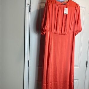 H&M Orange Pleated Midi Sundress Puff Sleeves